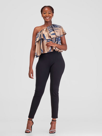 Zoya Naya One Shoulder Flounce Satin Crop Top - Dark Taupe / Navy Siri Print - Shopzetu