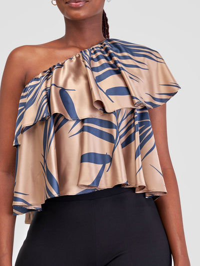 Zoya Naya One Shoulder Flounce Satin Crop Top - Dark Taupe / Navy Siri Print - Shopzetu