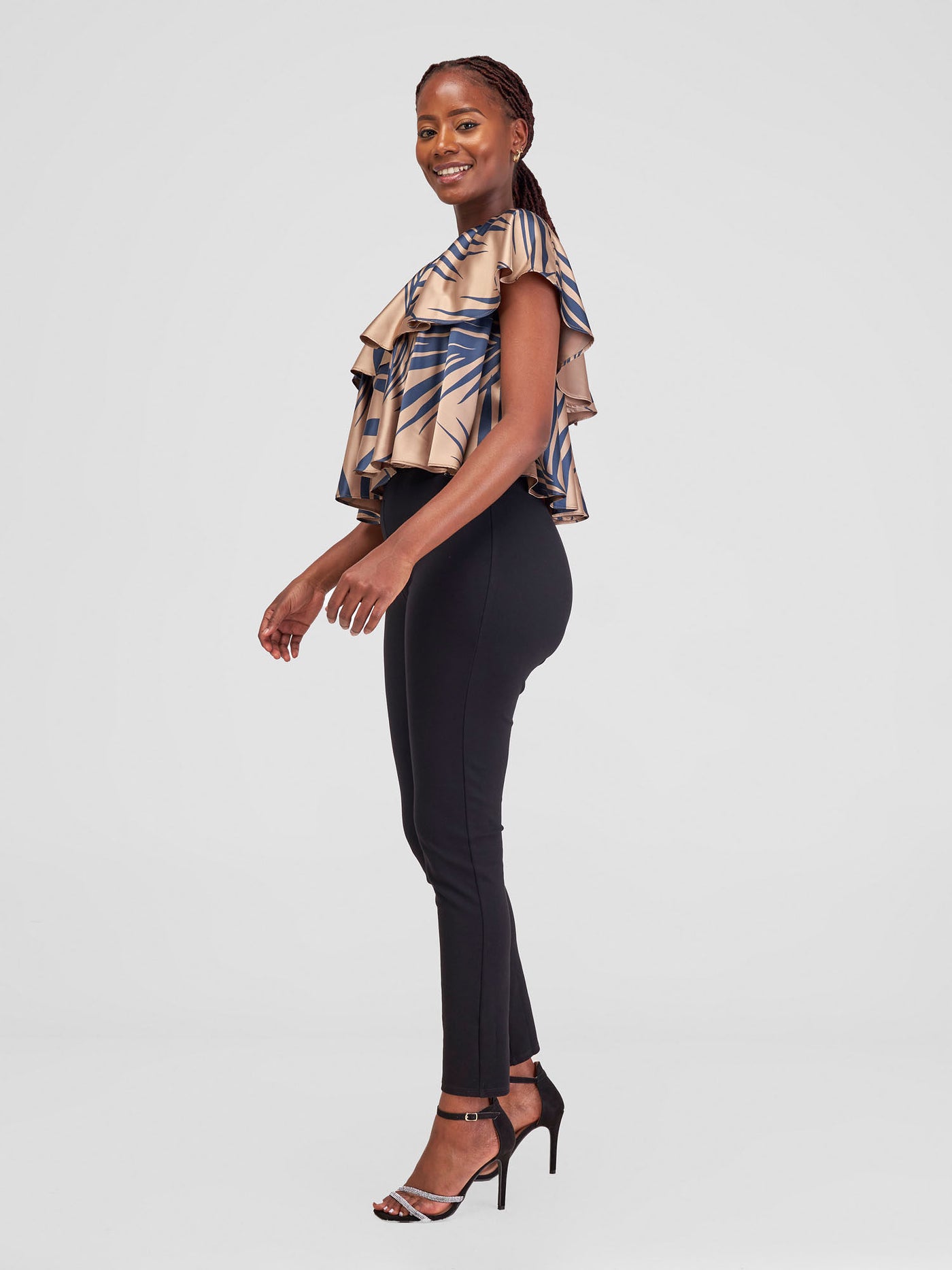 Zoya Naya One Shoulder Flounce Satin Crop Top - Dark Taupe / Navy Siri Print - Shopzetu