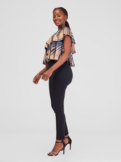 Zoya Naya One Shoulder Flounce Satin Crop Top - Dark Taupe / Navy Siri Print - Shopzetu