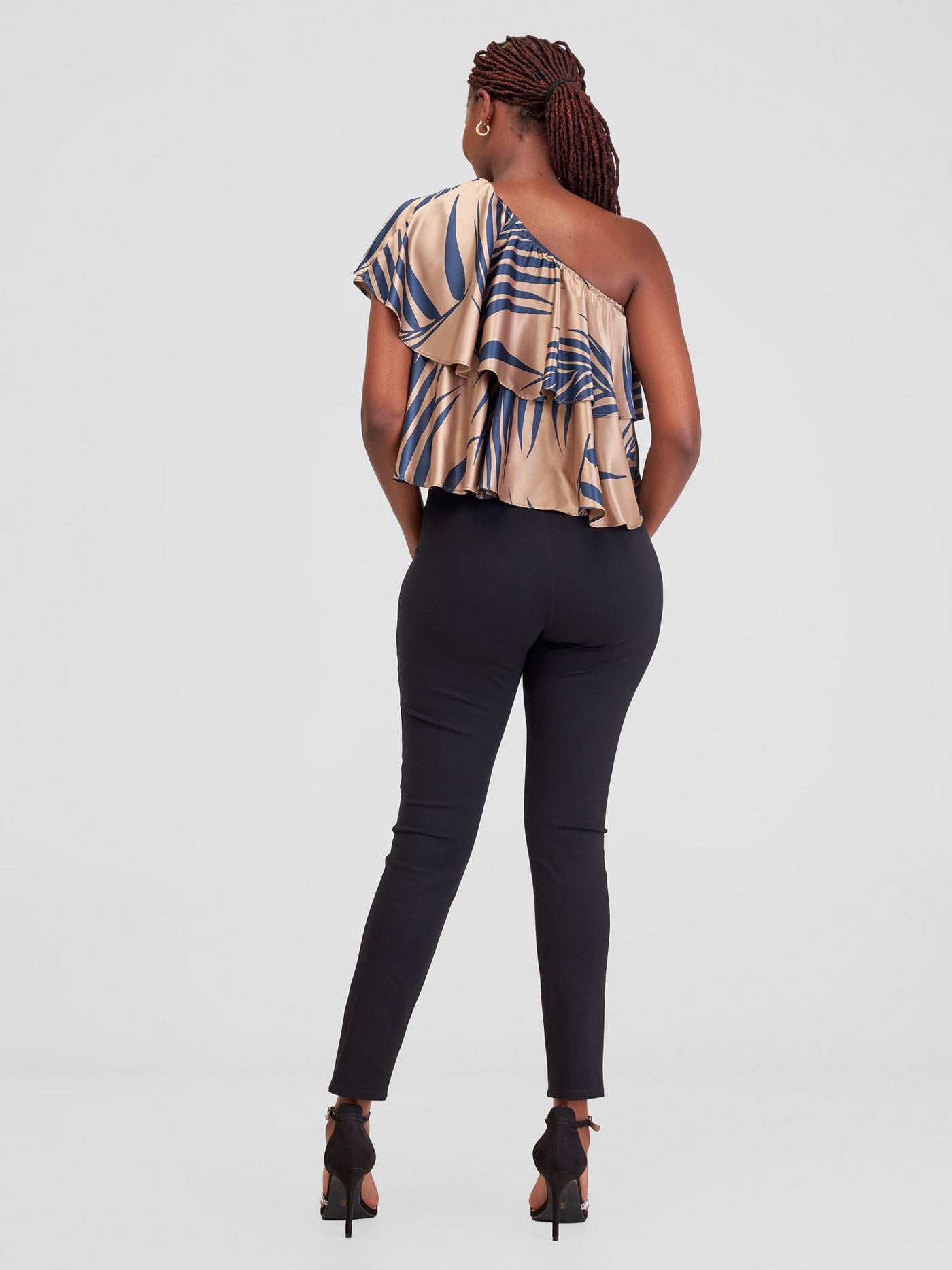 Zoya Naya One Shoulder Flounce Satin Crop Top - Dark Taupe / Navy Siri Print - Shopzetu
