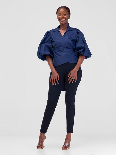 Safari by Vivo Mali 3/4 Bishop Sleeve  Tie Top - Navy Blue