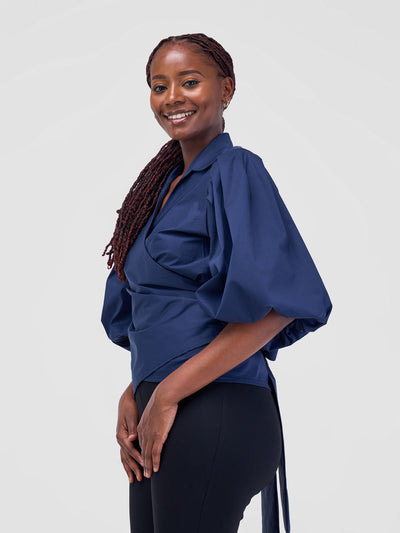 Safari by Vivo Mali 3/4 Bishop Sleeve  Tie Top - Navy Blue