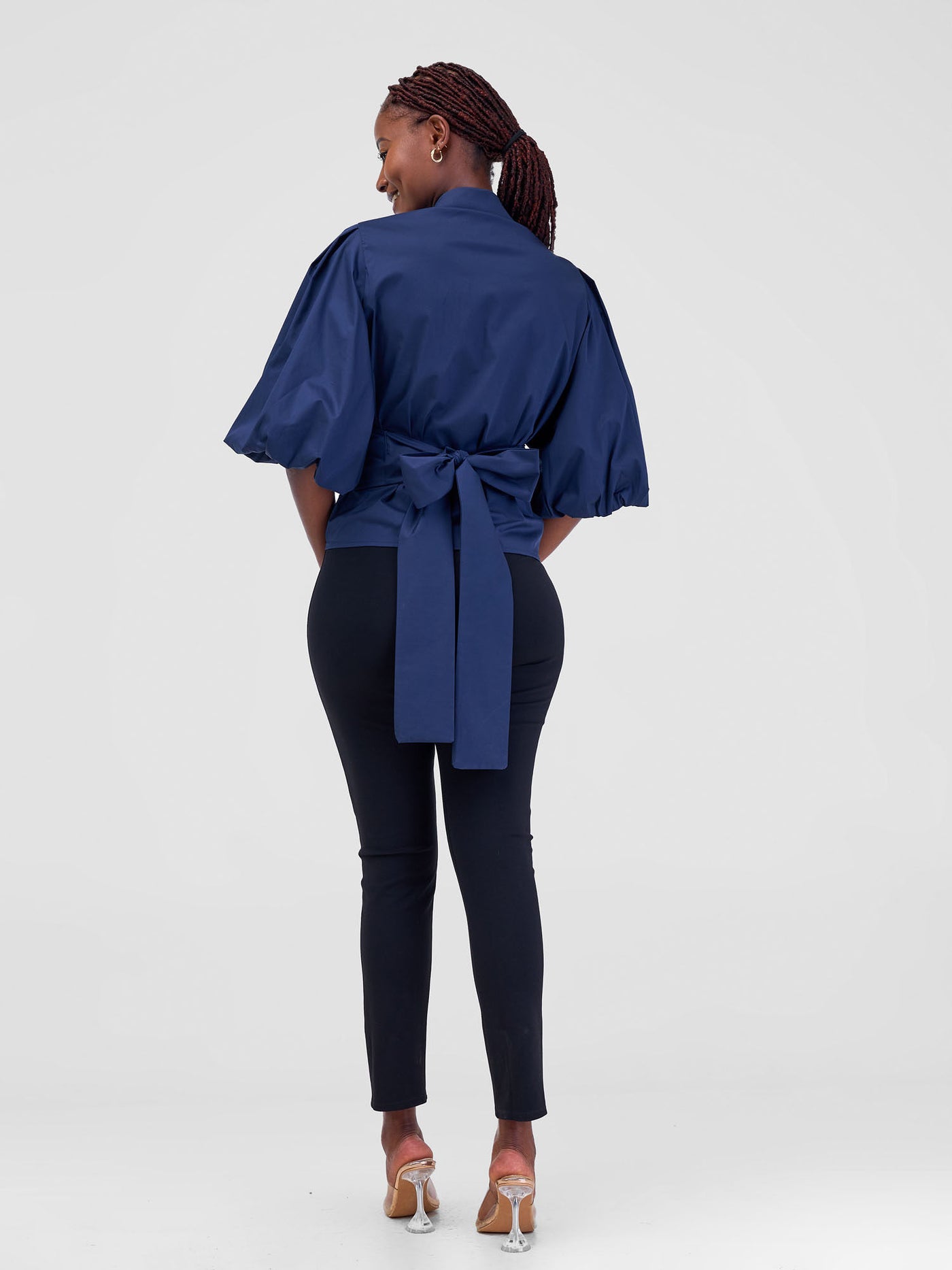 Safari by Vivo Mali 3/4 Bishop Sleeve  Tie Top - Navy Blue