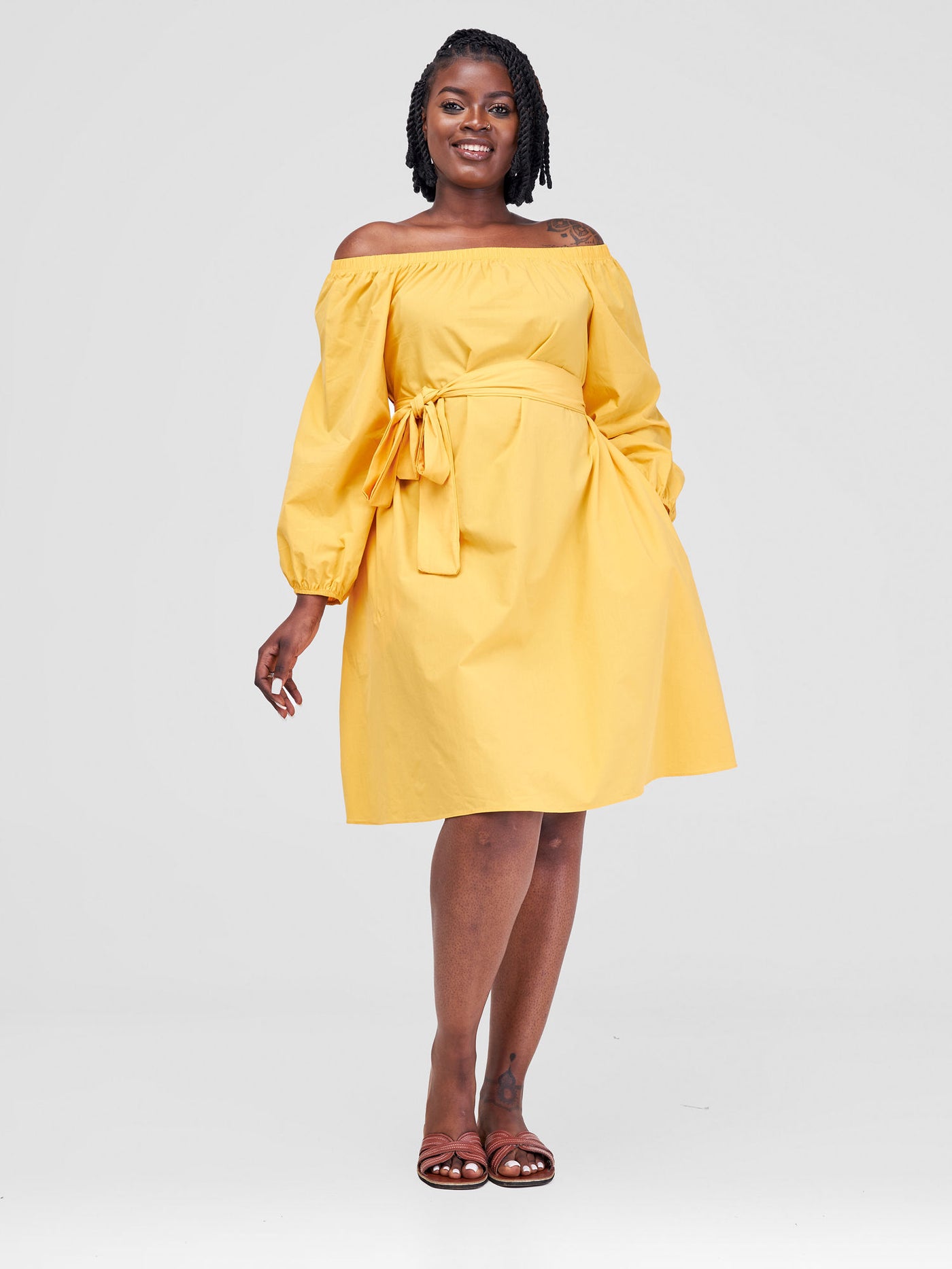 Safari by Vivo Tawi Off Shoulder Knee Length Dress - Mustard(Plain Belt)