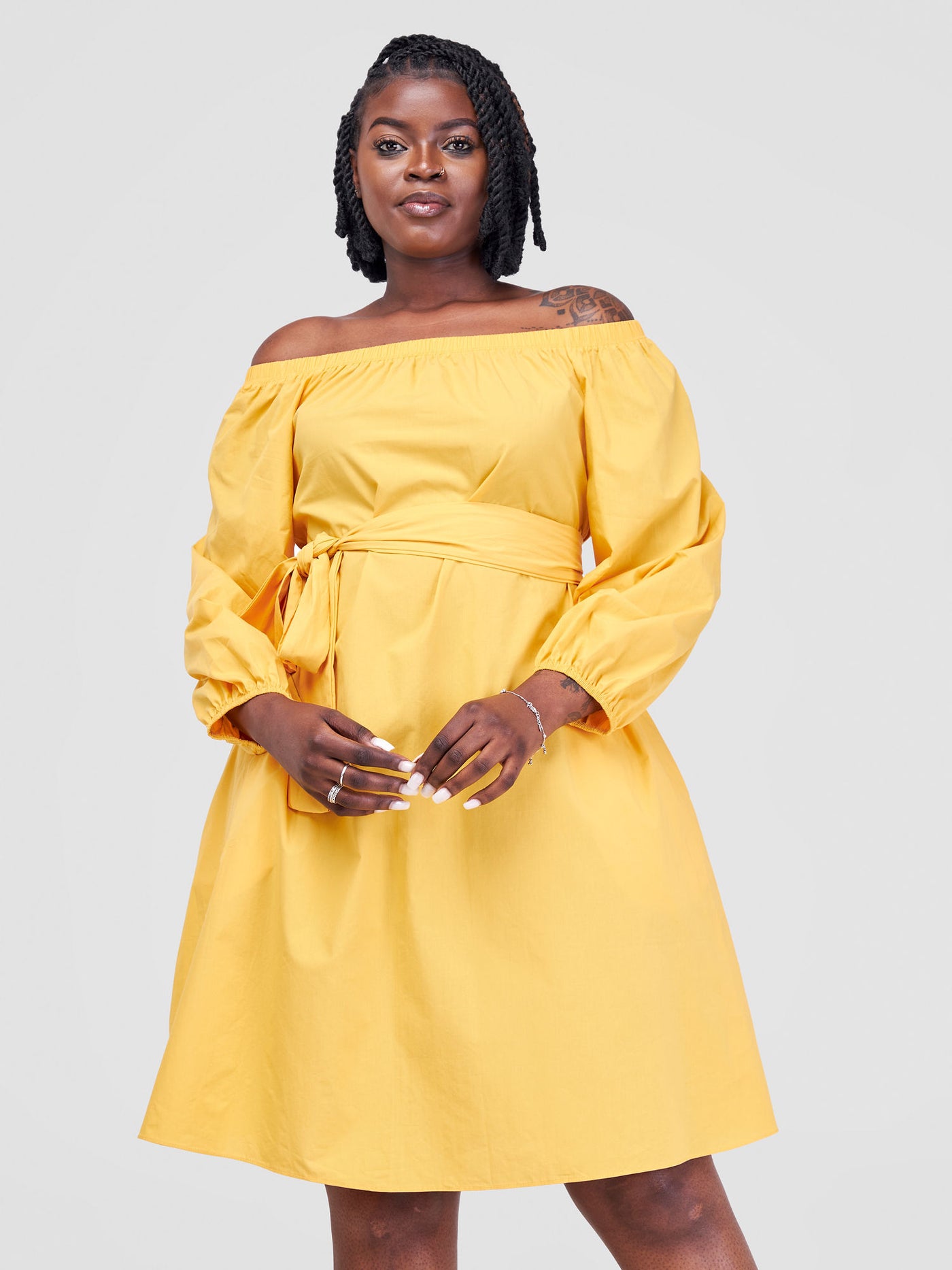 Safari by Vivo Tawi Off Shoulder Knee Length Dress - Mustard(Plain Belt)