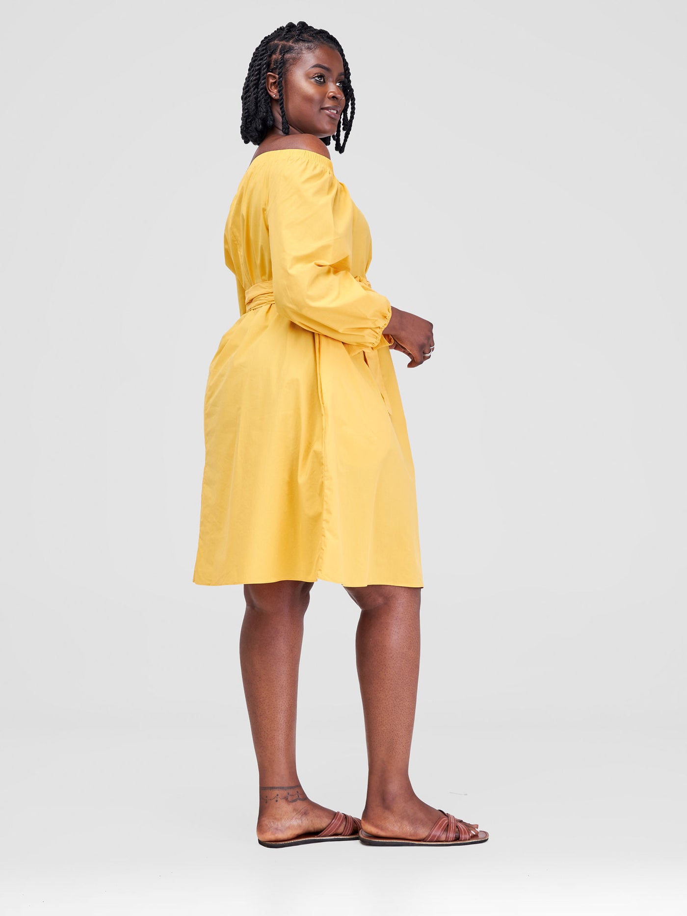 Safari by Vivo Tawi Off Shoulder Knee Length Dress - Mustard(Plain Belt)
