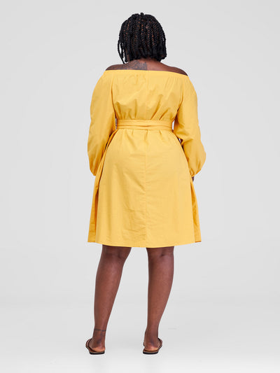 Safari by Vivo Tawi Off Shoulder Knee Length Dress - Mustard(Plain Belt)