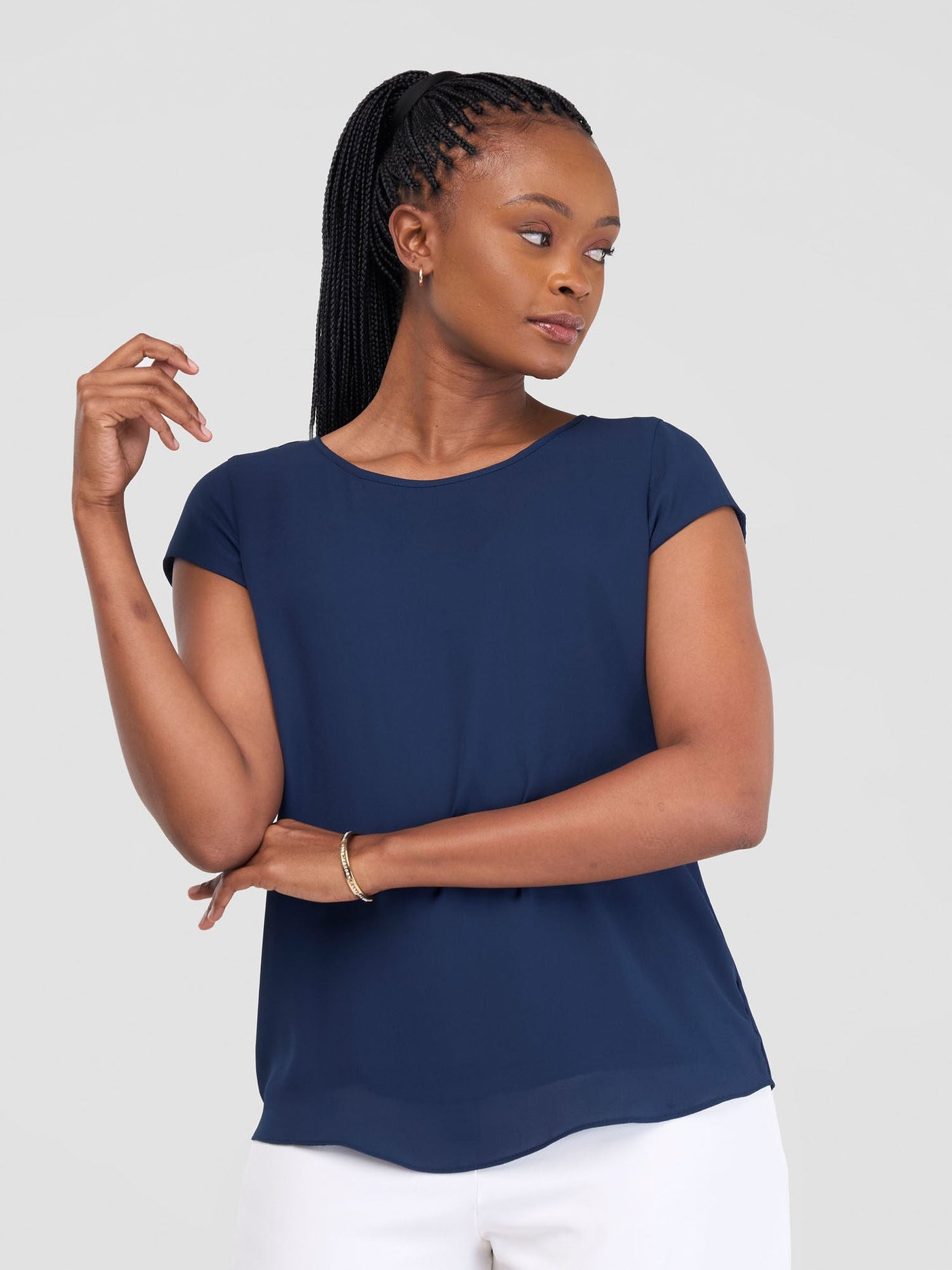 Vivo Basic Chiffon Cap Sleeve Top (Double Layered) - Navy - Shopzetu