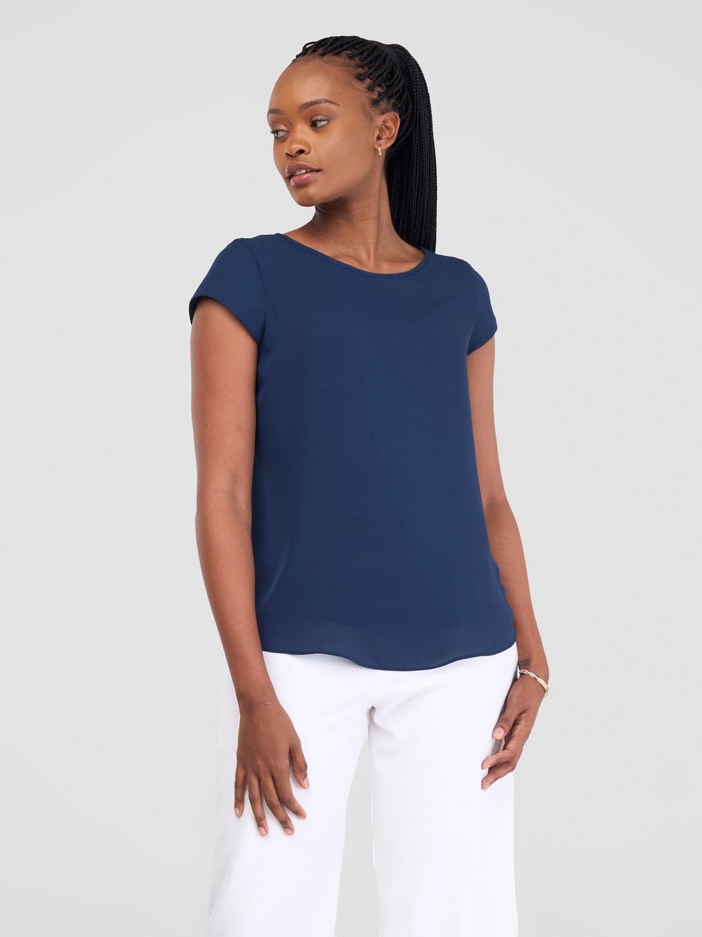 Vivo Basic Chiffon Cap Sleeve Top (Double Layered) - Navy - Shopzetu