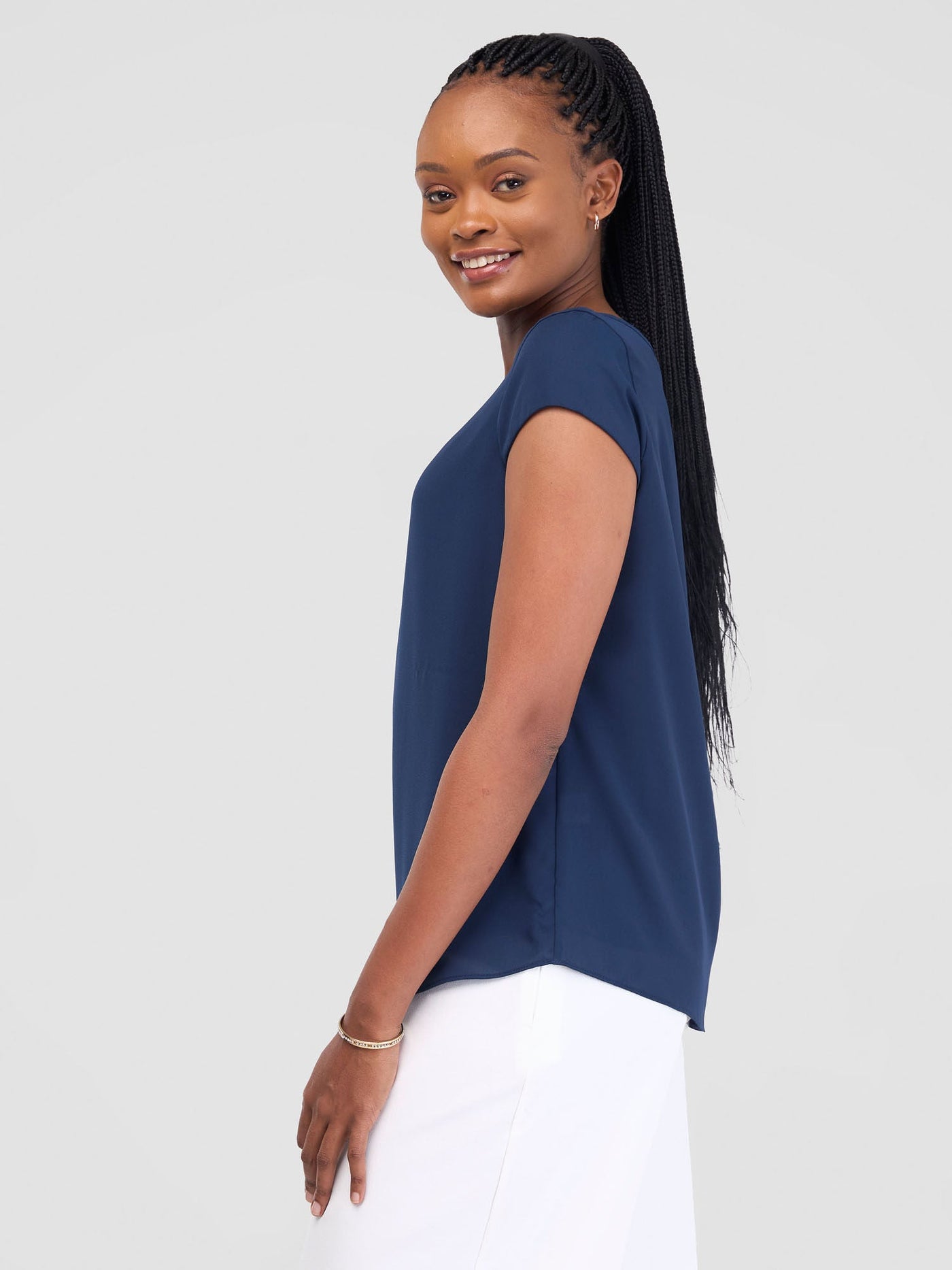 Vivo Basic Chiffon Cap Sleeve Top (Double Layered) - Navy - Shopzetu