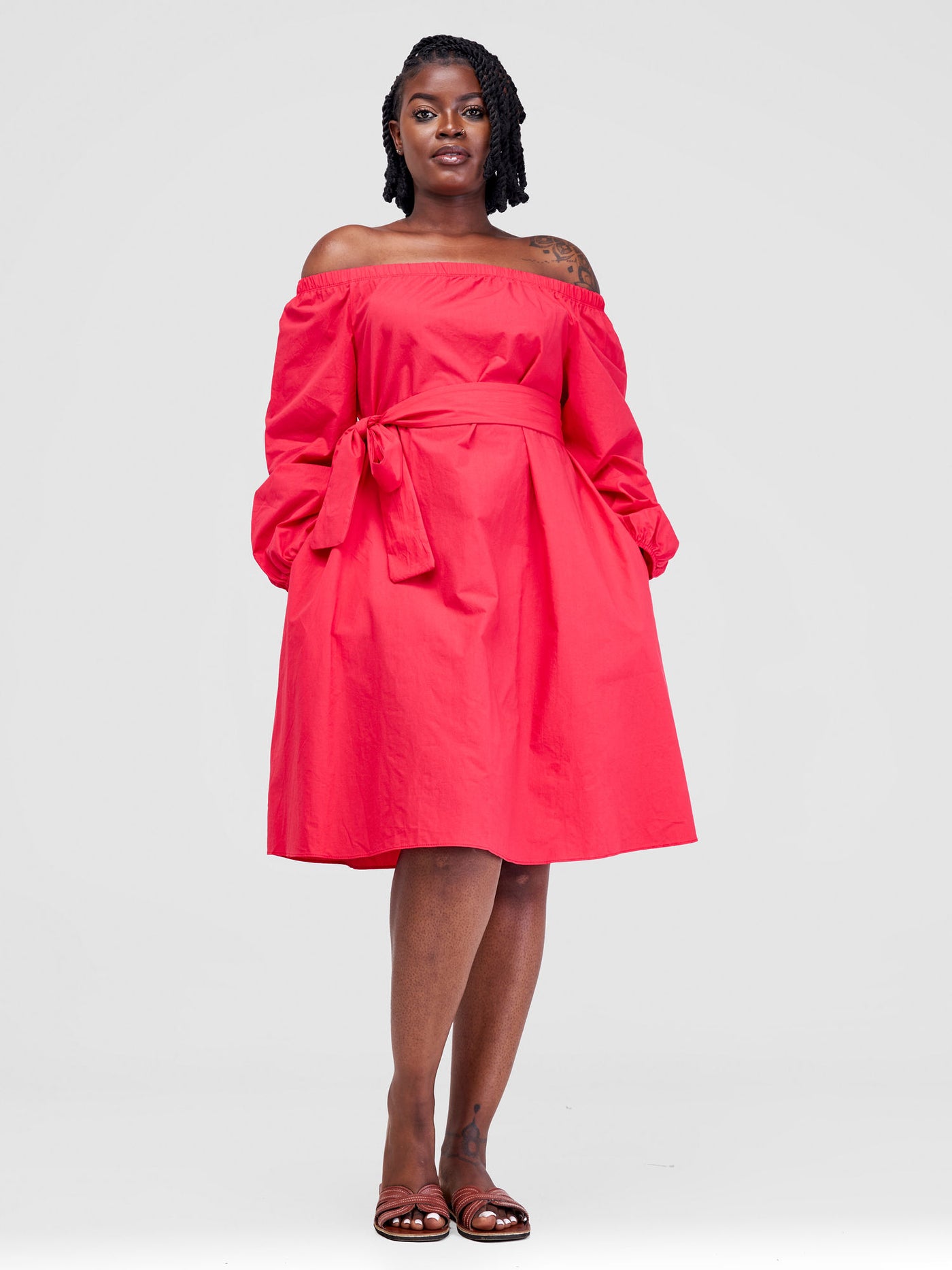 Safari by Vivo Tawi Off Shoulder Knee Length Dress - Pink(Plain Belt)