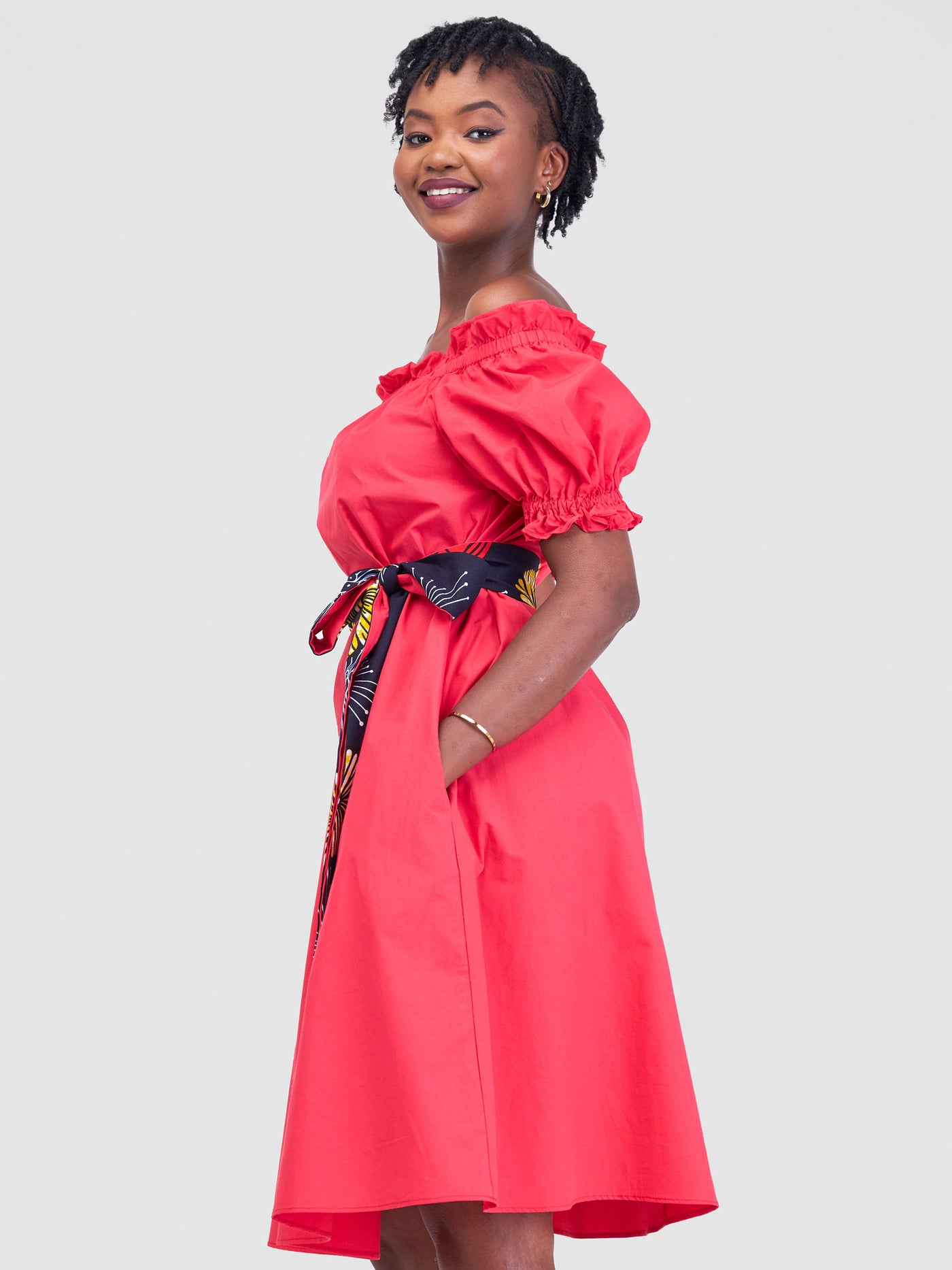 Safari by Vivo Mali Off - Shoulder Ruffle Knee Length Dress - Dark Pink