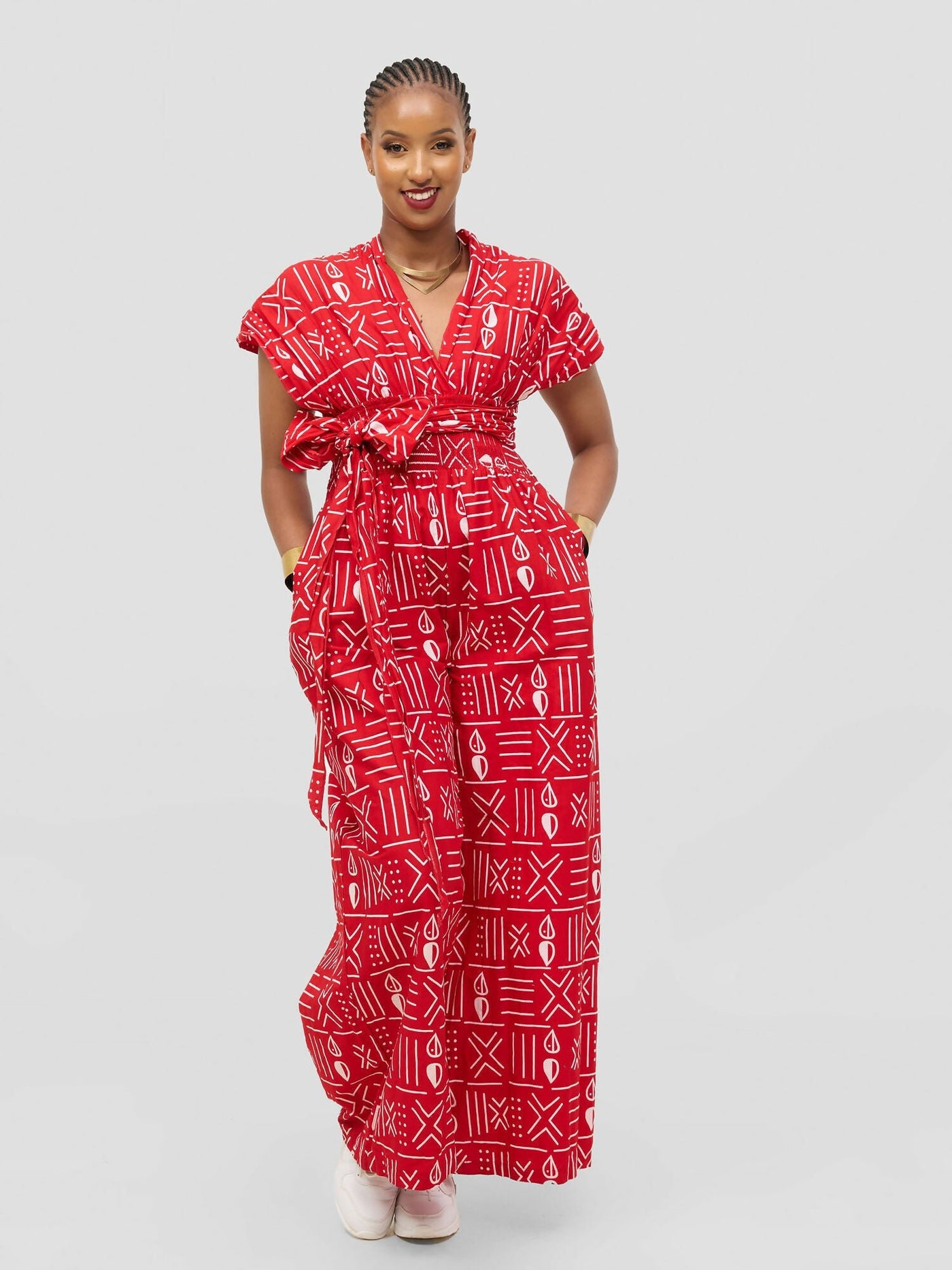 Waridi Africa Njema Jumpsuit - Red /White African Print - Shopzetu