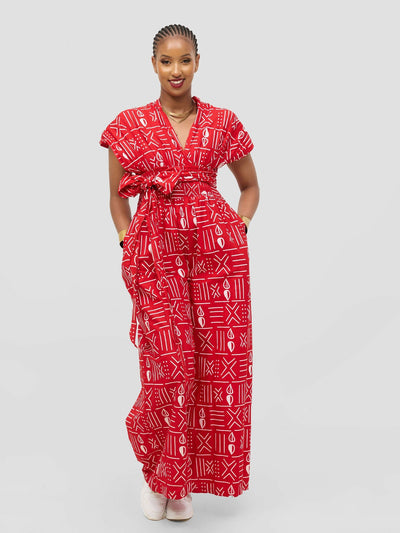 Waridi Africa Njema Jumpsuit - Red /White African Print - Shopzetu