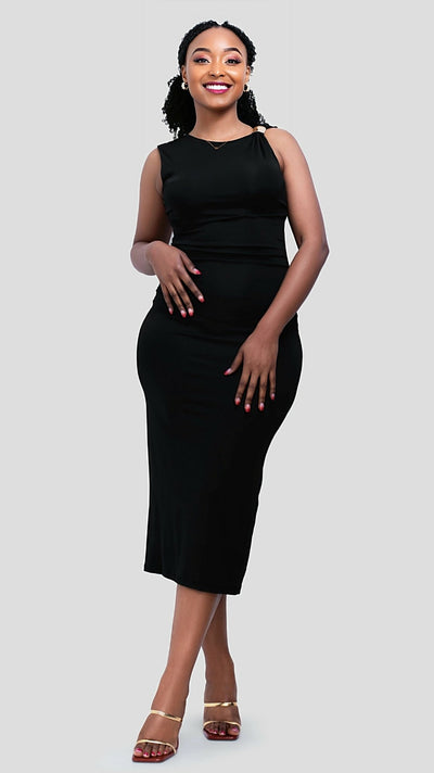 The Fashion Frenzy Buckle Strap Bodycon Midi Dress - Black - Shopzetu