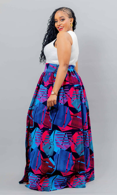 African Yuva Lily African Print Skirt - Blue / Pink Print - Shopzetu