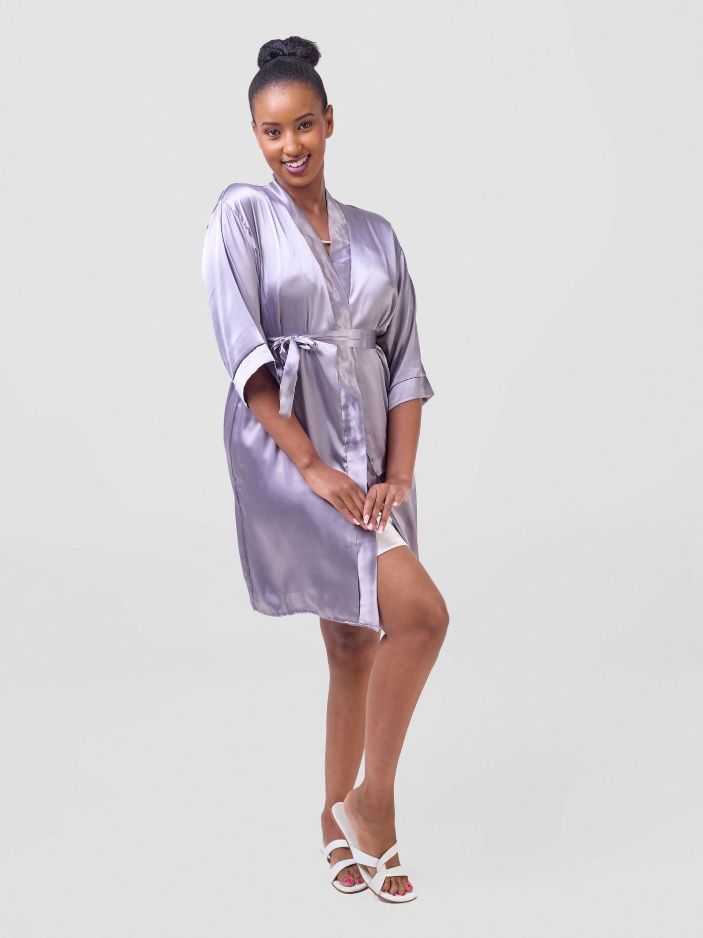 Iristyle Satin Short Robe - Grey - Shopzetu