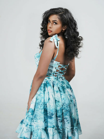 Misstcal Backless Lace Up Adjustable Chiffon Corset Set - Blue Print - Shopzetu