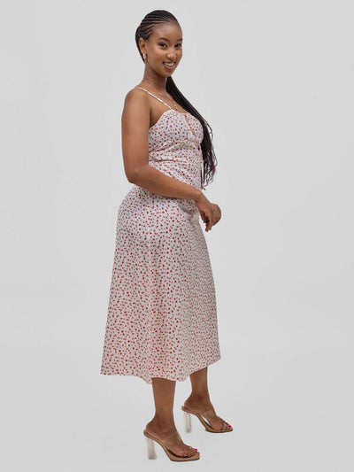 Hessed Flower Print Midi Sleeveless Dress - White - Shopzetu