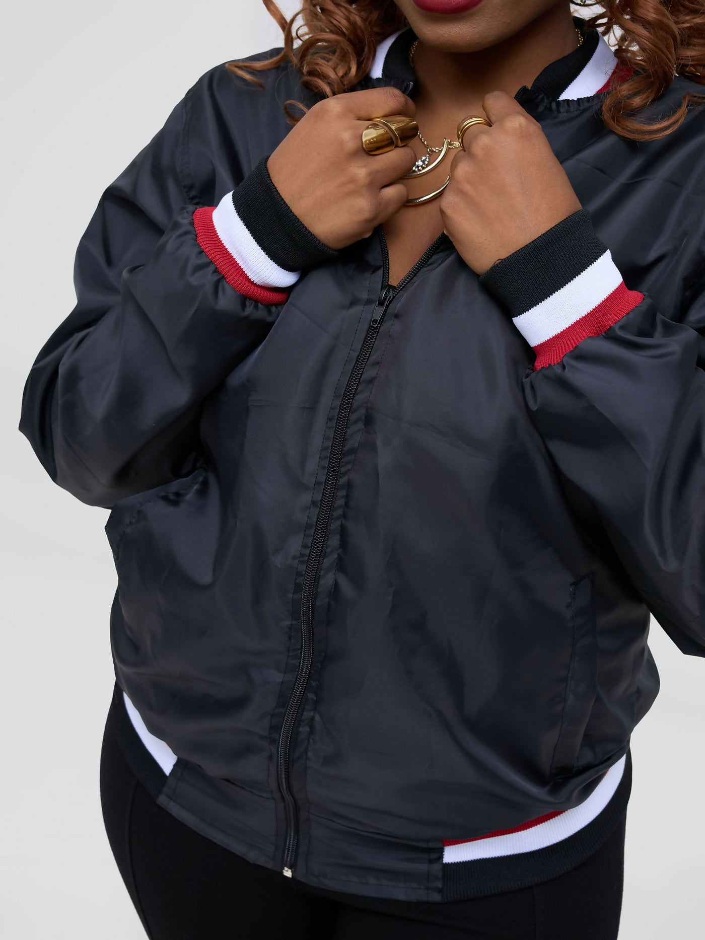 Timyt Urban Wear Nova Flight Layer Ribbed Cuffs, Collar, and Hem With White,Red and Black Bomber Jacket - Black - Shopzetu