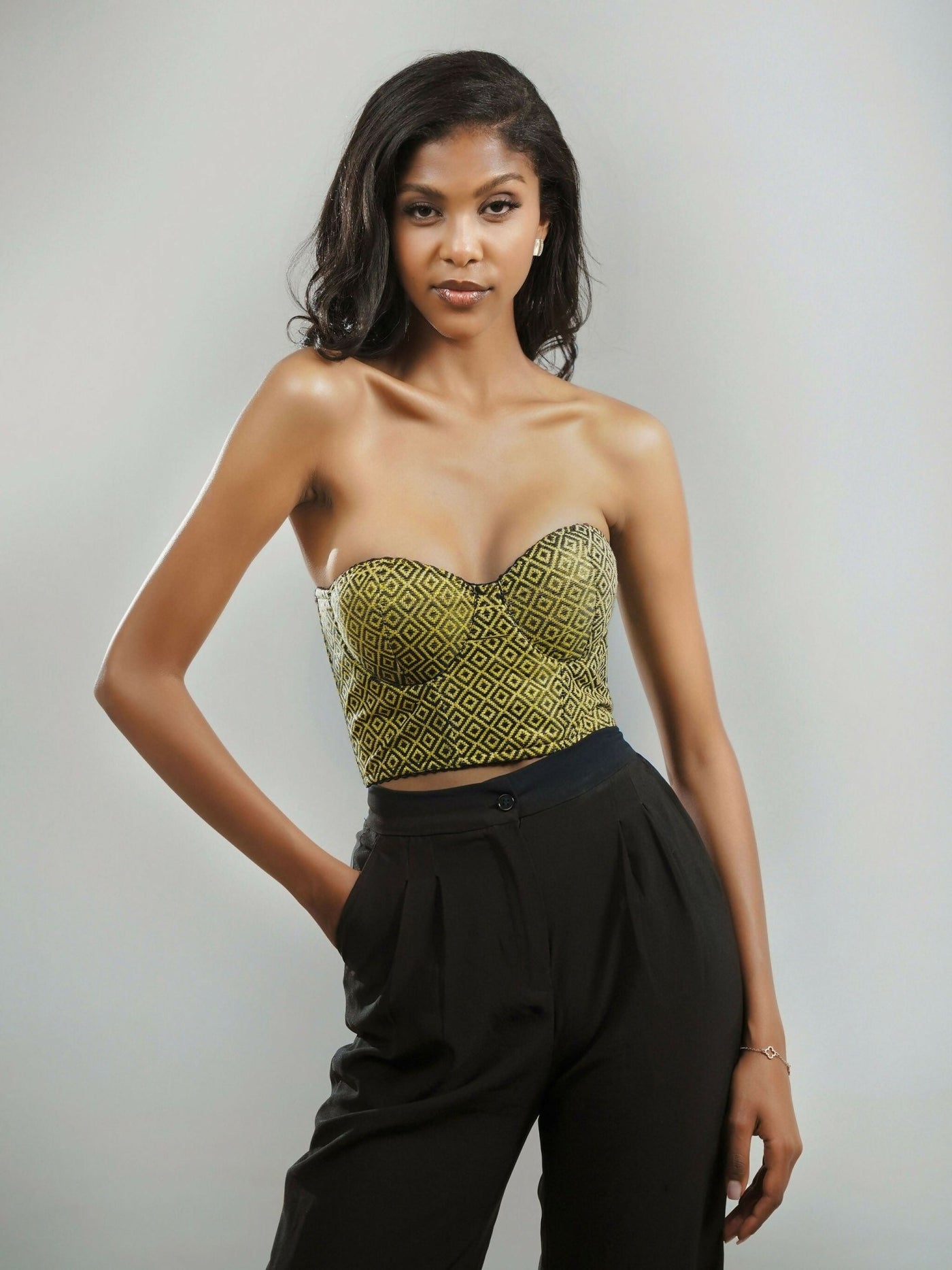 Misstcal Ethiopian Hand Embroidered Bustier Corset Top - Gold / Black - Shopzetu
