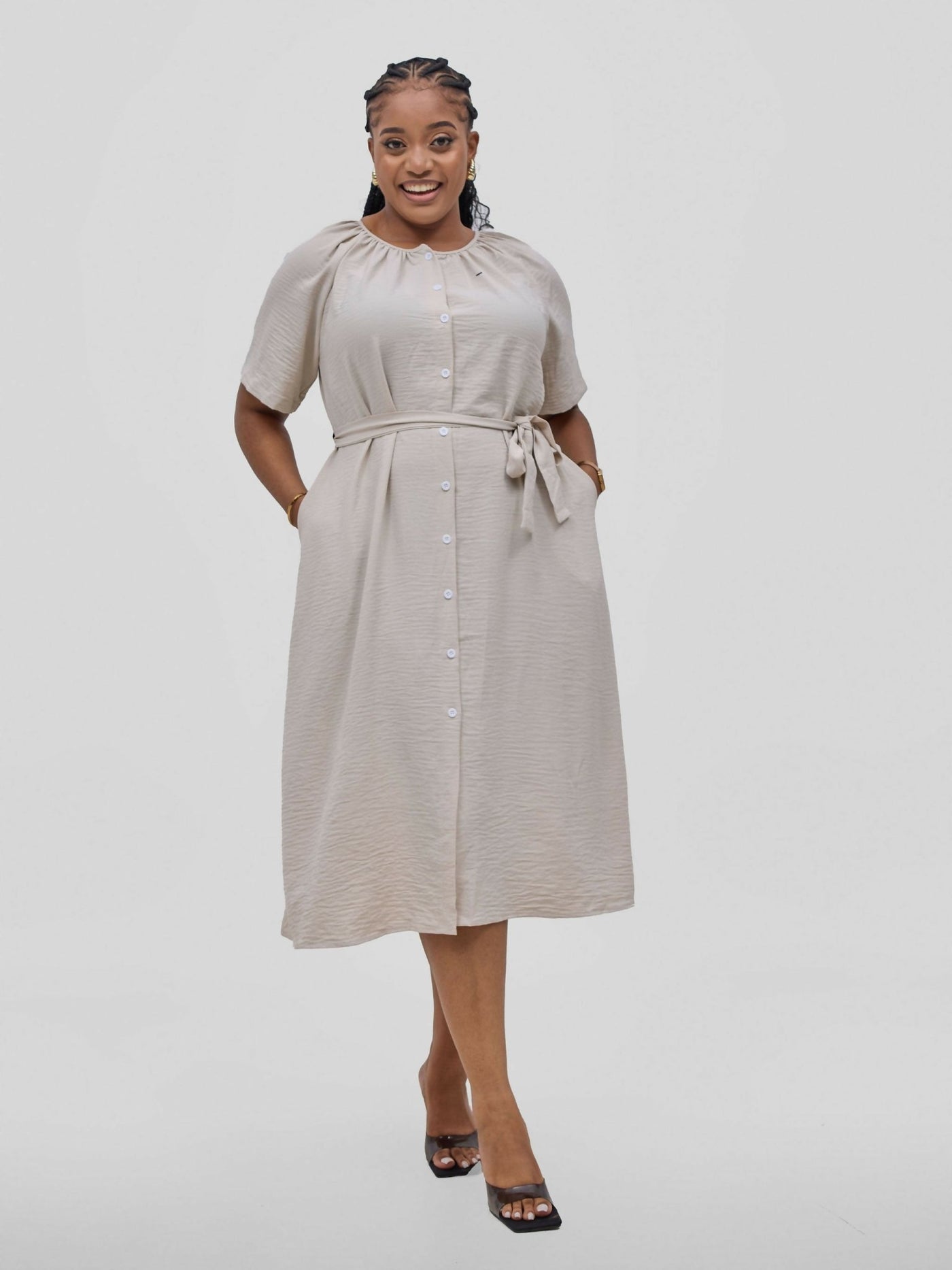 Hessed Long Buttoned Short Sleeve Dress - Cream / White - Shopzetu