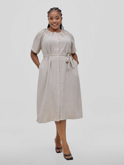 Hessed Long Buttoned Short Sleeve Dress - Cream / White - Shopzetu