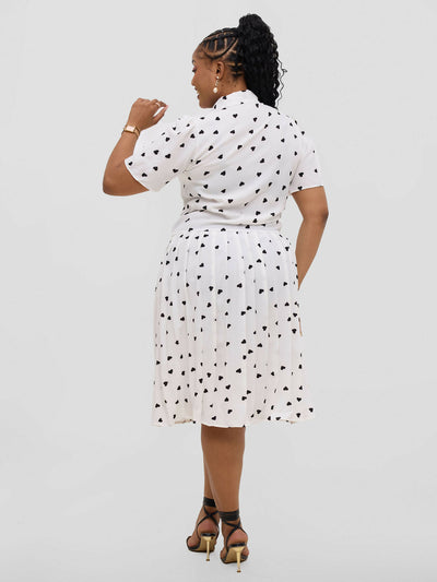Hessed Short Sleeved Pleated Buttoned Wrap Dress - White / Black - Shopzetu