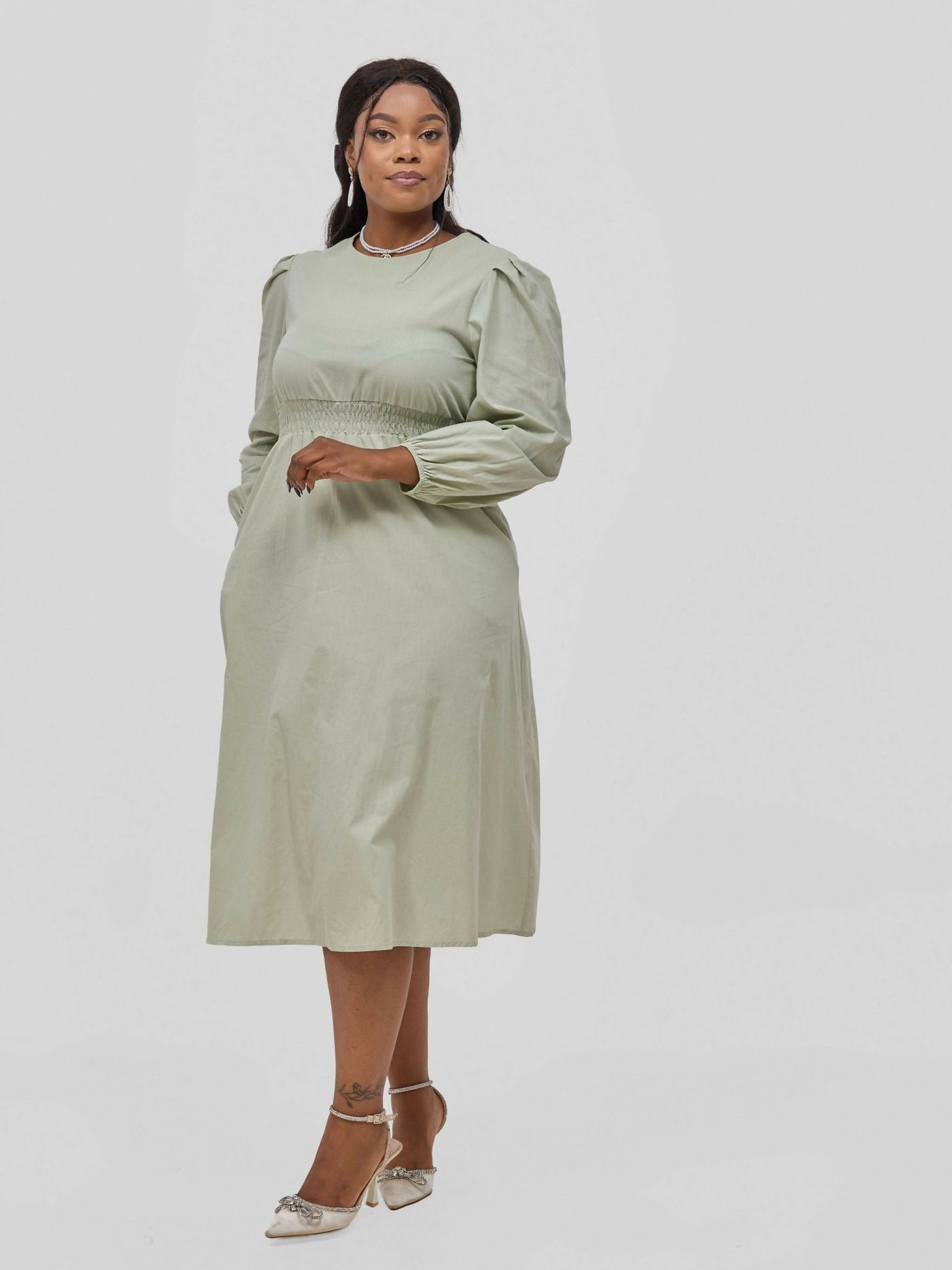 Hessed Round Neck Aline Long Sleeved Dress - Green - Shopzetu