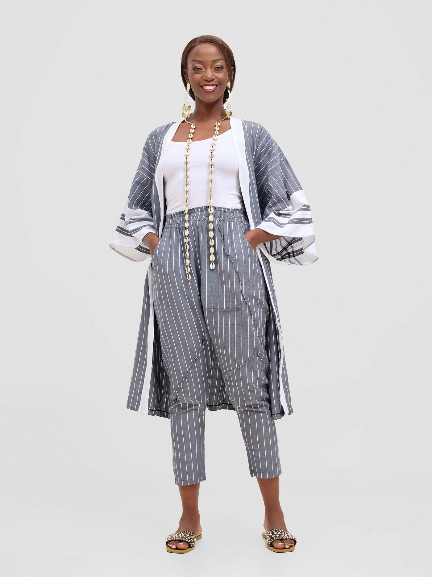 Liquid Lemn Mistari Cozy Striped Kimono Set - Grey / White - Shopzetu