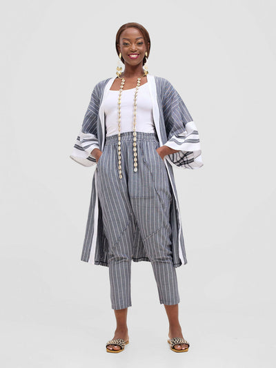 Liquid Lemn Mistari Cozy Striped Kimono Set - Grey / White - Shopzetu