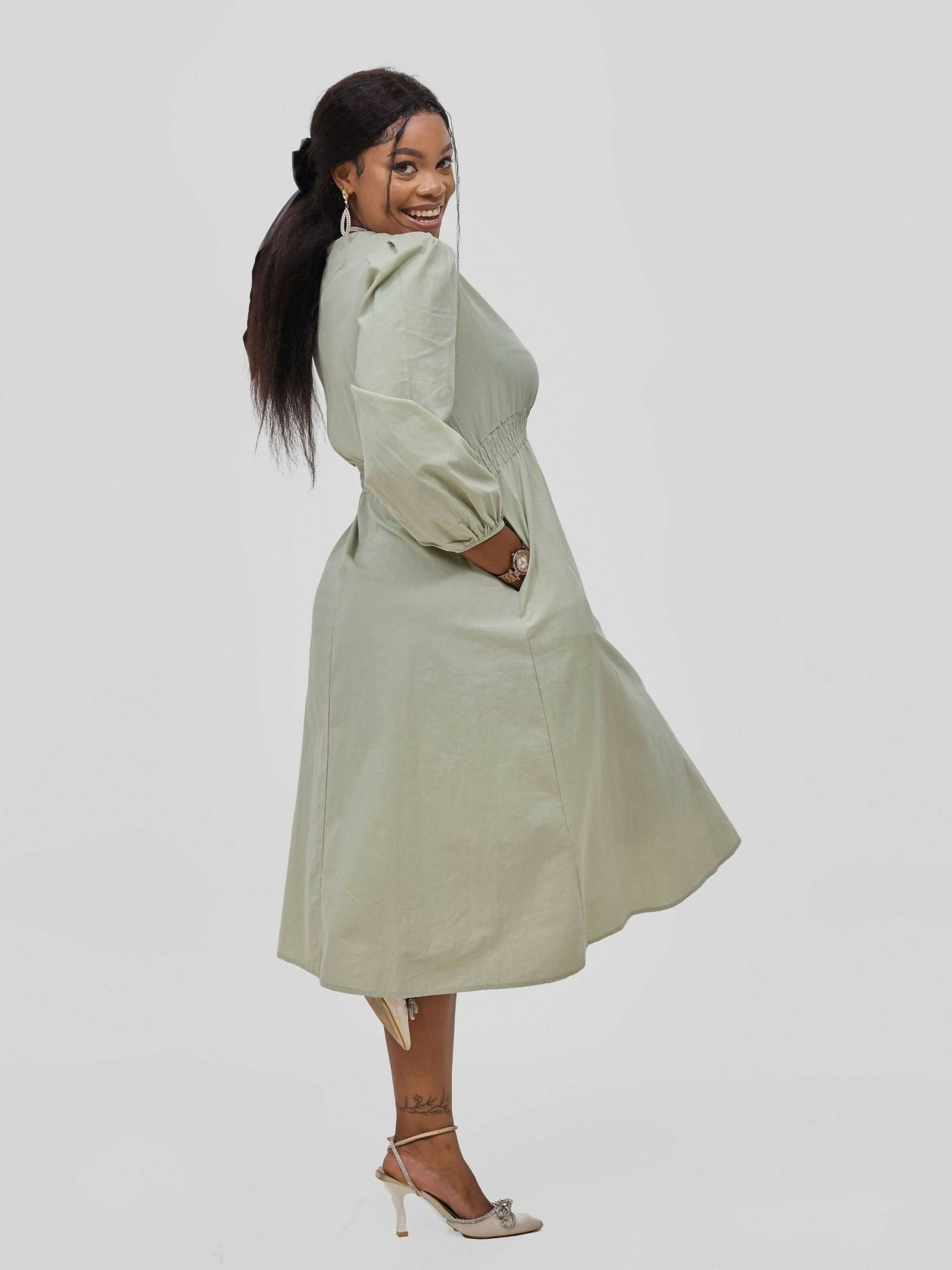 Hessed Round Neck Aline Long Sleeved Dress - Green - Shopzetu