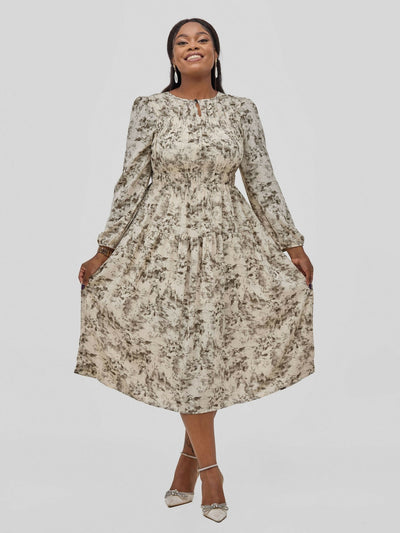 Hessed Floral Prints A Line Round Neck One Buttoned Dress - Beige - Shopzetu