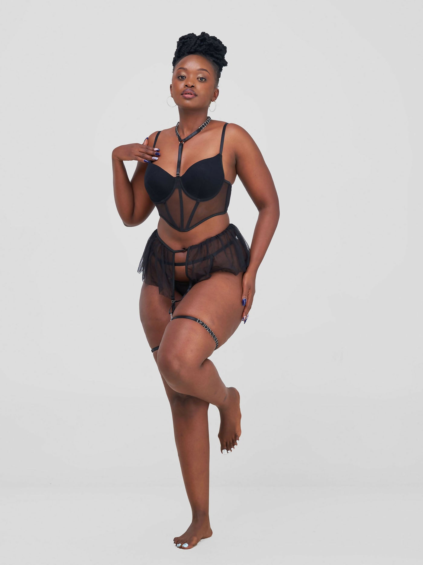 Mesh Lace Ruffled with Fishbone Bra and Sheer Pant Lingerie Set - Black