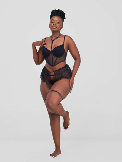 Mesh Lace Ruffled with Fishbone Bra and Sheer Pant Lingerie Set - Black