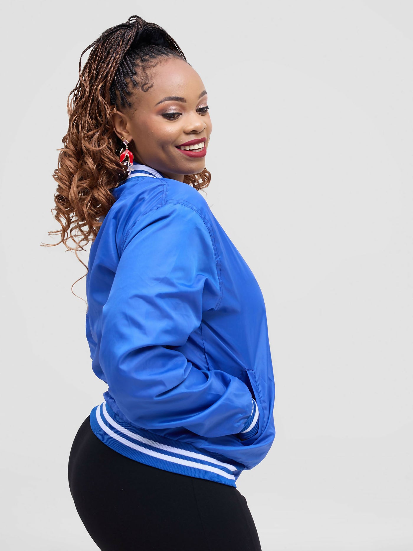 Timyt Urban Wear Urban Monarch White Ribbed Cuffs,Collar, And Hem Bomber Jacket - Blue - Shopzetu