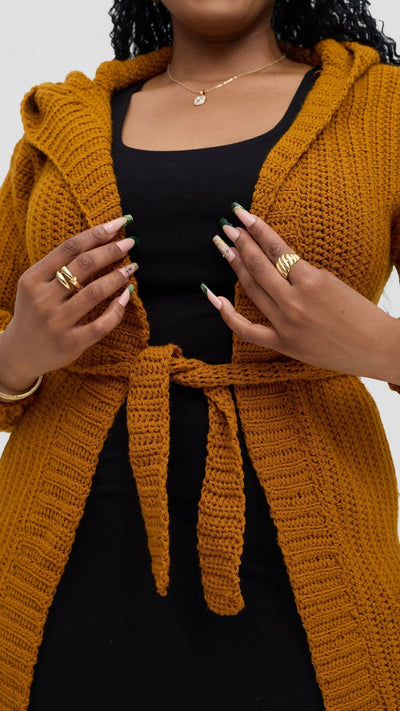 Timyt Urban Wear Friendly Hooded Cardigan With Belt - Mustard - Shopzetu