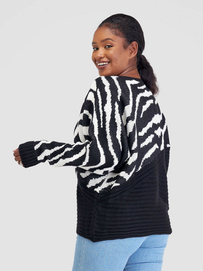 The Fashion Frenzy Zebra Print Sweater Top - Black - Shopzetu