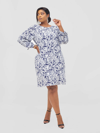 The Fashion Frenzy White and Blue Printed Shift Dress - Navy Blue - Shopzetu