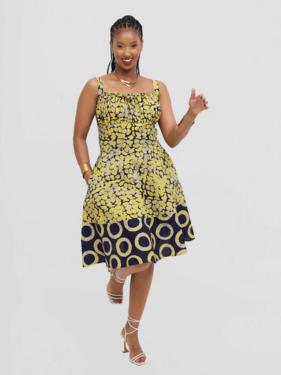 The Fashion Frenzy Printed Nuru Corset Skater Dress - Yellow - Shopzetu