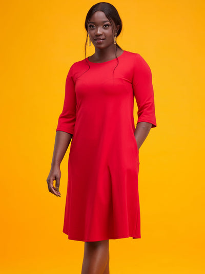Vivo Basic 3/4 Sleeve Kena Tent Knee Length Dress - Red - Shopzetu
