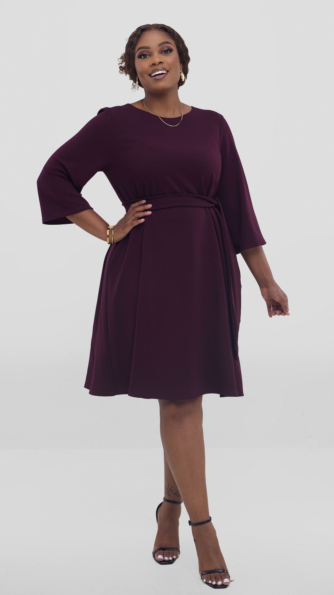Vivo Imara 3/4 Sleeve Tent Dress In Ponte - Burgundy