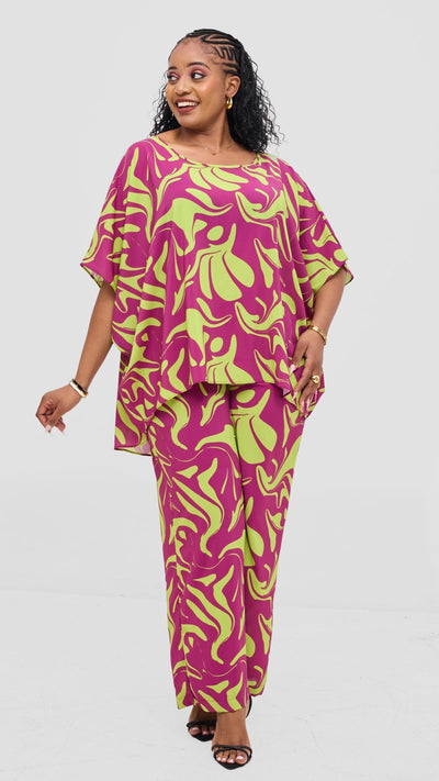 Vivo Maisha Top & Pant Set - Burgundy / Lime Print - Shopzetu