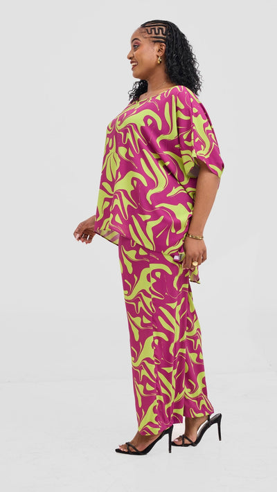 Vivo Maisha Top & Pant Set - Burgundy / Lime Print - Shopzetu