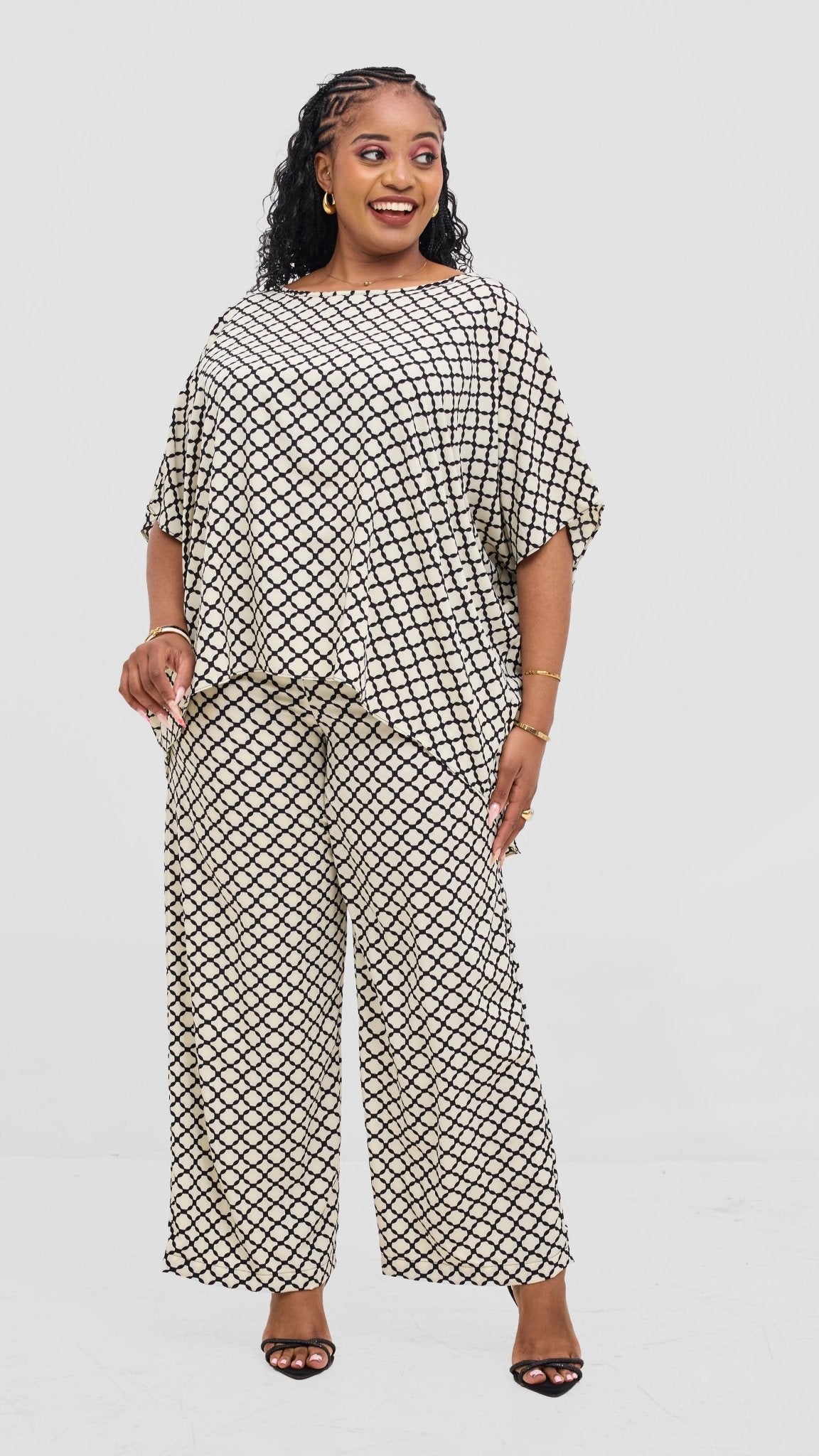 Vivo Maisha Top & Pant Set - Cream / Black Print - Shopzetu