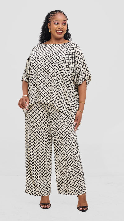 Vivo Maisha Top & Pant Set - Cream / Black Print - Shopzetu