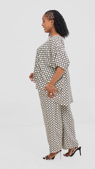 Vivo Maisha Top & Pant Set - Cream / Black Print - Shopzetu