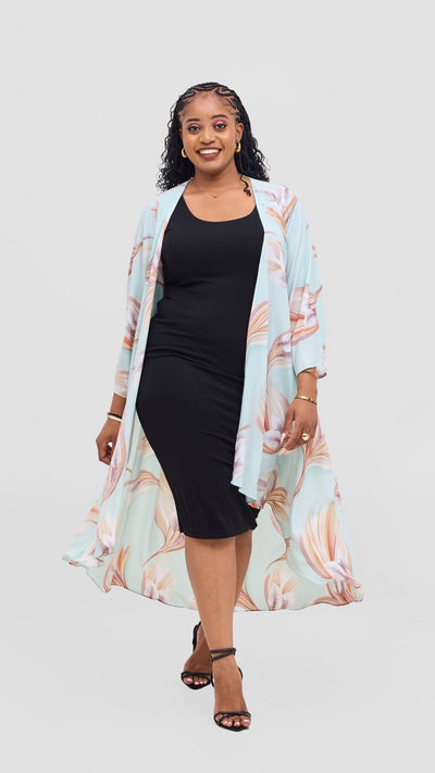 Vivo Maisha Long Sleeve High Low Kimono - Mint / Beige Tawi Print - Shopzetu