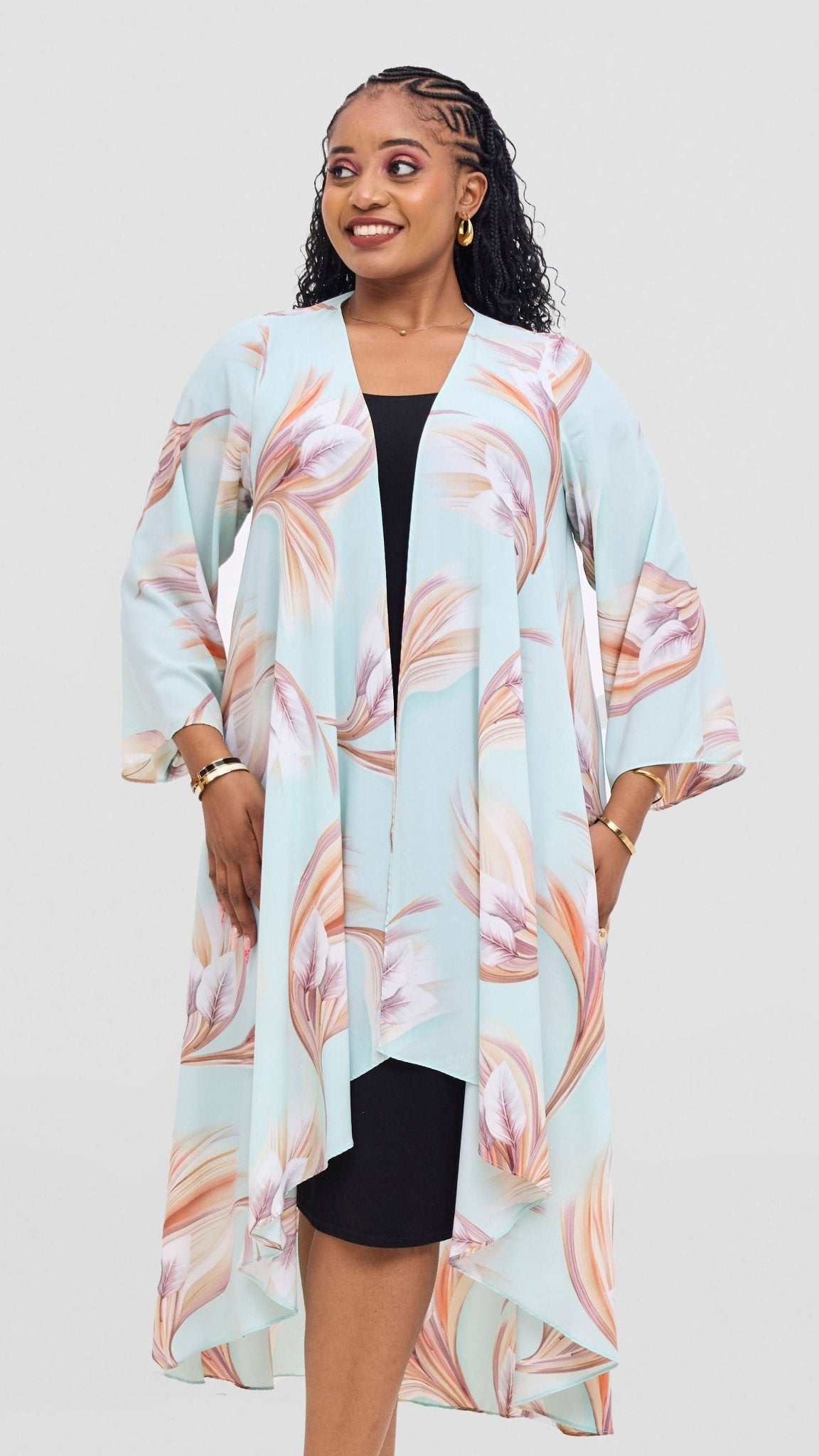 Vivo Maisha Long Sleeve High Low Kimono - Mint / Beige Tawi Print - Shopzetu